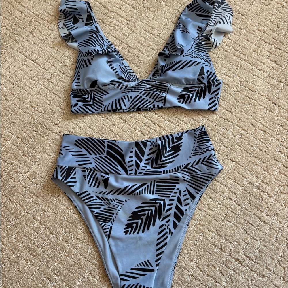 Aerie Light Blue and Black Tropical Bikini